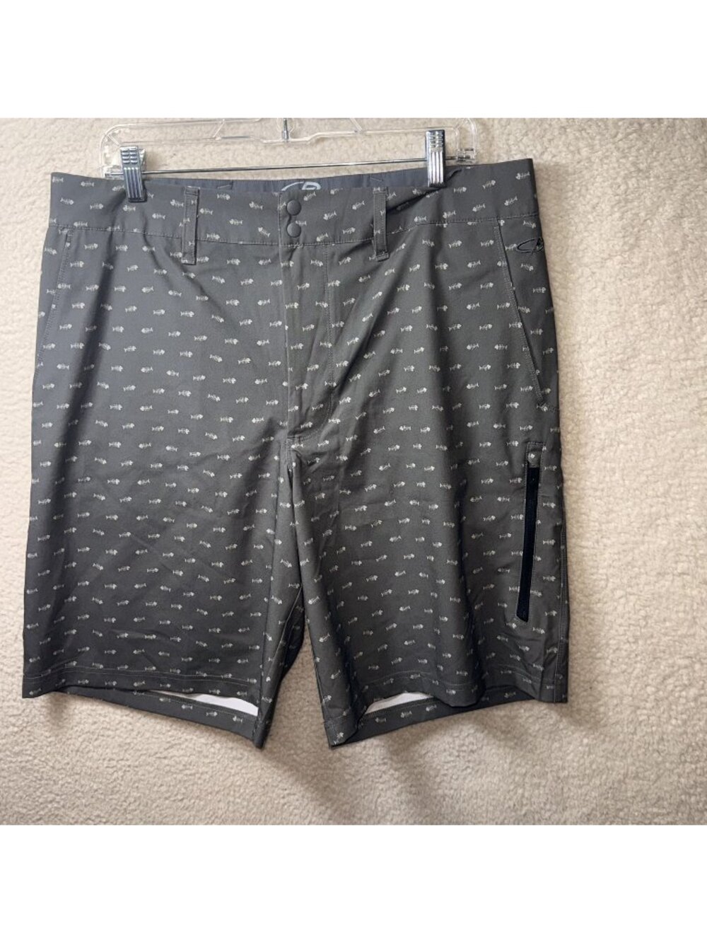 Champion Grey Fish Skeleton Print Performance Shorts Size 36 Zippered Pocket
